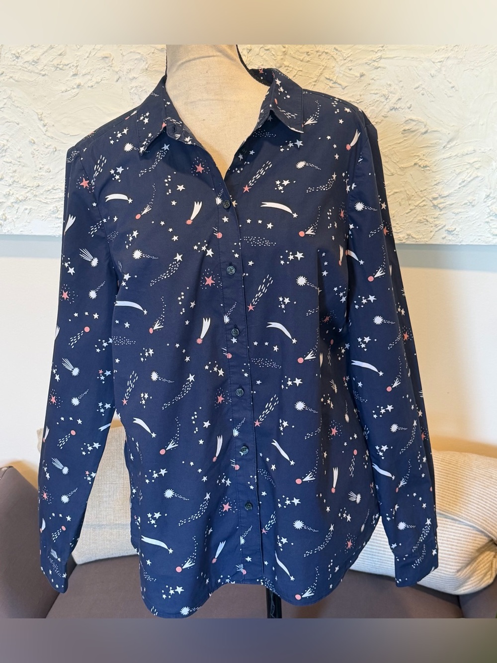 Boden Womens The Classic Shirt Navy Blue Celestial Star Long Sleeve Cotton Sz 14